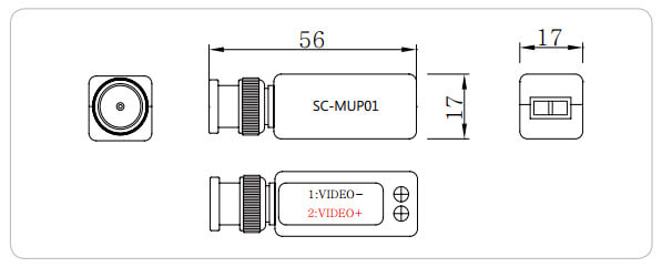 Abmessungen Passiver Analog HD, HD-TVI, Analog-Zweidraht-Sender/Empfänger-SC-MUP01