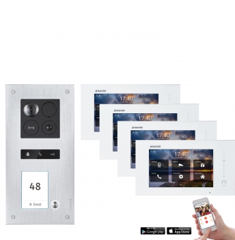Video Türsprechanlage mit Smartphone App für 1 Familienhaus in Schwarz mit Bewegungsmelder, 4x Monitore, Balter ERA WLAN