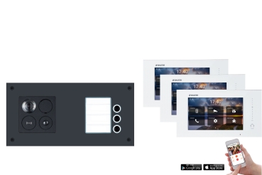 Video Türsprechanlage in waagerechter Form mit Smartphone App für 3 Familienhaus mit Bewegungsmelder, 3x Monitore, Balter ERA WLAN