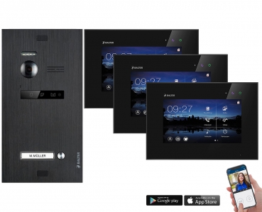 WLAN BALTER EVO 2-Draht Video Türsprechanlage für in 1-Familienhaus mit 3x7" Monitoren in Schwarz