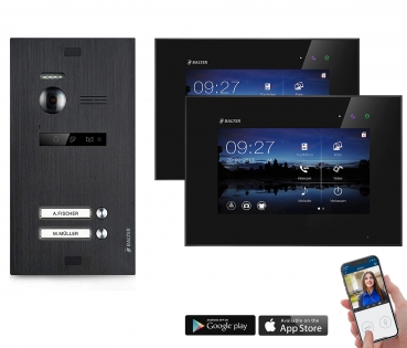 Video Türsprechanlage BALTER EVO WIFI 2-Draht BUS Komplettsystem mit Unterputz Türstation in Schwarz für 2 Teilnehmer und 2x 7" Touchscreen Monitor und Hauptstromverteiler