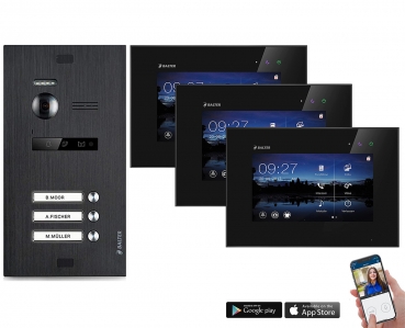 BALTER EVO 2-Draht BUS Komplettsystem mit Wifi , Türstation für ein 3-Familienhaus mit 3 Monitoren - Farbe Schwarz
