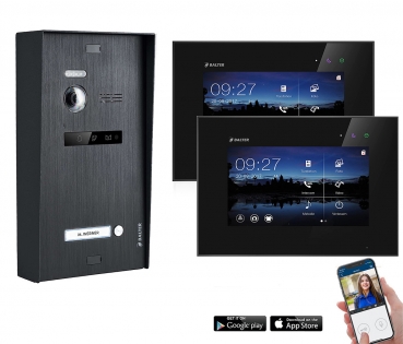 BALTER EVO Aufputz Video Türsprechanlage 2-Draht BUS für 1-Familienhaus  2 x 7" WiFi Touchscreen Monitor in Schwarz und Hauptstromverteiler