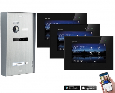 Aufputz WLAN Video Sprechanlage BALTER EVO 2-Draht BUS für 1-Familienhaus mit 3x Touchscreen 7 Zoll Monitor in Schwarz