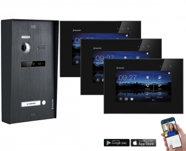 Aufputz WLAN Video Sprechanlage BALTER EVO 2-Draht BUS für 1-Familienhaus mit 3x Touchscreen 7 Zoll Monitor in Schwarz