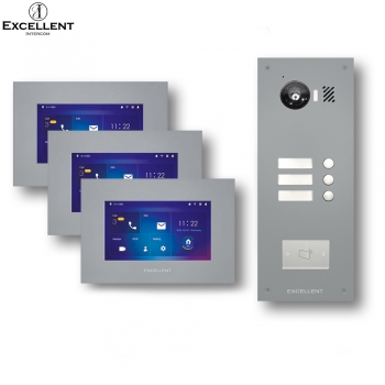 IP Video Türsprechanlage mit 7" LCD Innenstation, Unterputz-Außenstation mit 150° Bildwinkel und IP-Modul für Dreifamilienhaus mit RFID in Silber
