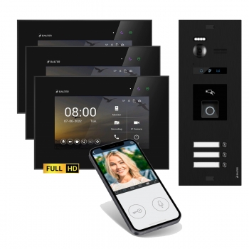 HD WIFI Video Türsprechanlage mit Fingerprint & RFID BLACK BALTER EVO für 3-Familienhaus