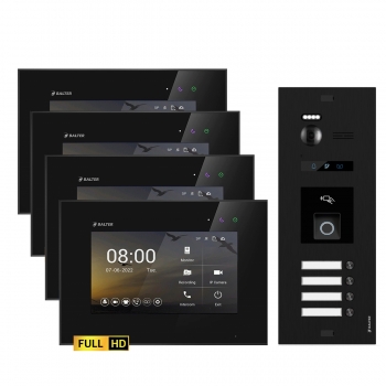 HD Video Türsprechanlage mit RFID & Fingerprint BLACK BALTER EVO für 4-Familienhaus