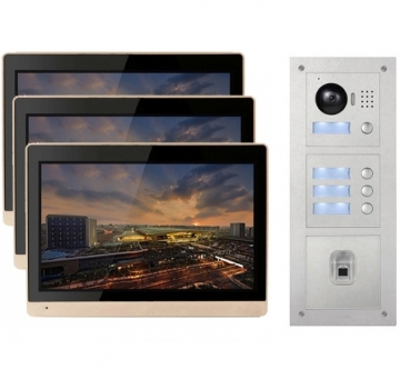 IP Videotürsprechanlage für 3-Familienhaus mit 3x10" LCD und Unterputz-Außenstation mit Fingerprint-3IPSET1014F