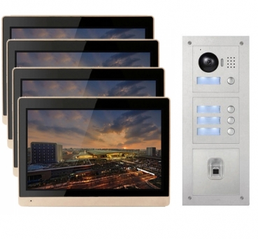 IP Videosprechanlage für 4-Familienhaus mit 4x10" LCD und Unterputz-Außenstation mit Fingerprint-4IPSET1014F