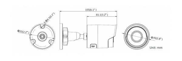 Abmessungen NEOSTAR 8.0MP EXIR IP Außenkamera, 2.8mm, 3840x2160p, Nachtsicht 30m, WDR 120dB, H.265+, VCA, PoE/12V DC, IP67