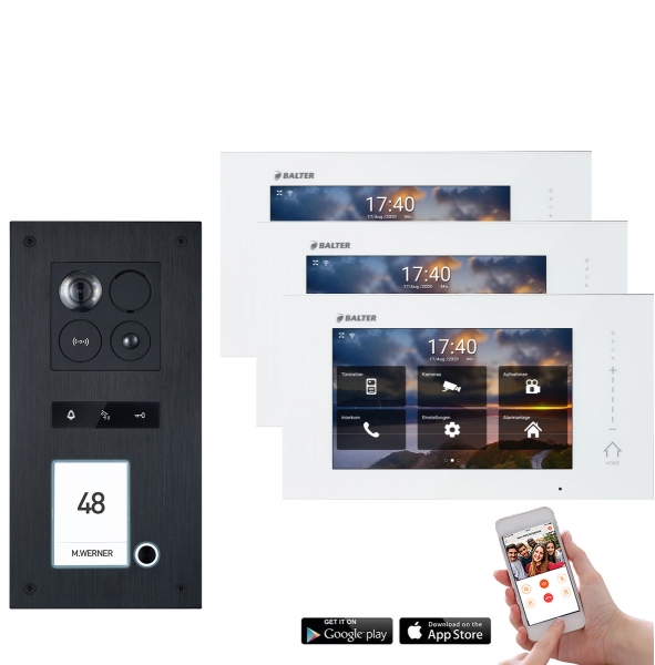Video Türsprechanlage mit Smartphone App für 1 Familienhaus in Silver mit Bewegungsmelder, 2x Monitore, Balter ERA WLAN