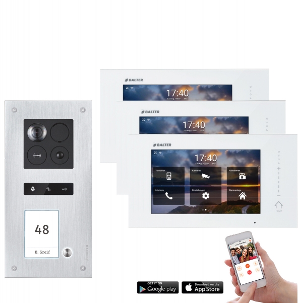 Video Türsprechanlage mit Smartphone App für 1 Familienhaus in Schwarz mit Bewegungsmelder, 2x Monitore, Balter ERA WLAN