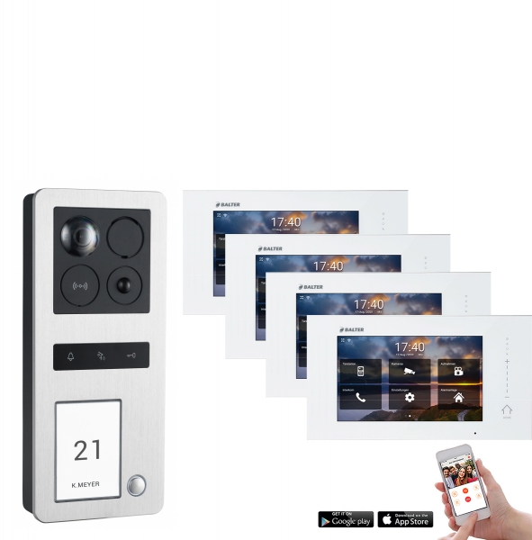 Balter ERA WLAN Video Türsprechanlage Aufputz für 1 Familienhaus  mit 4x Monitoren mit Smartphone App, Bewegungsmelder