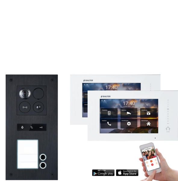 Video Türsprechanlage mit Smartphone App für 2 Familienhaus in Schwarz mit Bewegungsmelder, 2x Monitore, Balter ERA WLAN