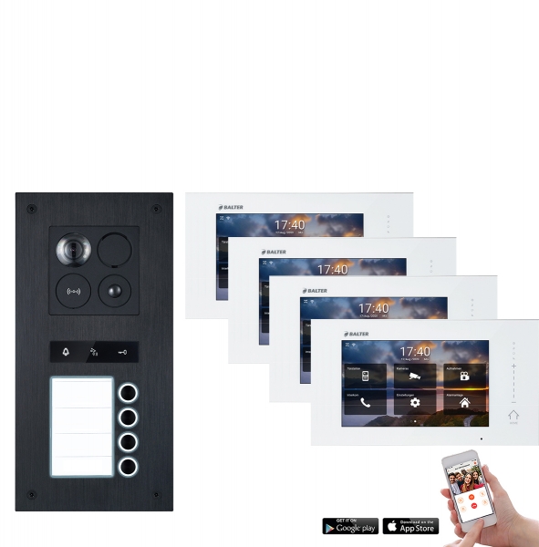 Video Türsprechanlage mit Smartphone App für 4 Familienhaus in Schwarz mit Bewegungsmelder, 4x Monitore, Balter ERA WLAN