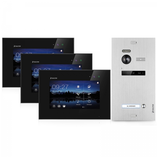 Video Türsprechanlage BALTER EVO 2-Draht BUS Komplettsystem für 1-Familienhaus mit 3x7" Monitor  in Schwarz