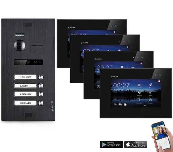 BALTER EVO 2-Draht BUS WIFI Komplettsystem, Türstation für ein Vierfamilienhaus mit 4 Monitoren - Farbe Schwarz