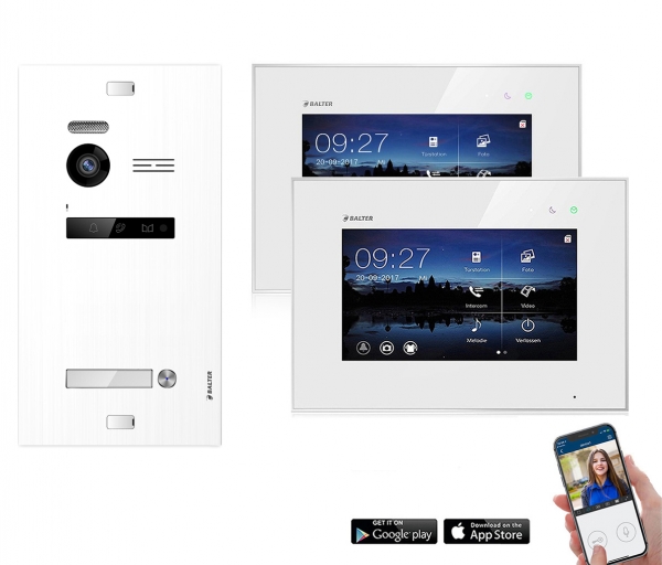 WLAN Video Gegensprechanlage BALTER EVO WIFI 2-Draht BUS  für Einfamilienhaus mit 2 x Touchscreen 7 Zoll Monitor in Weiß