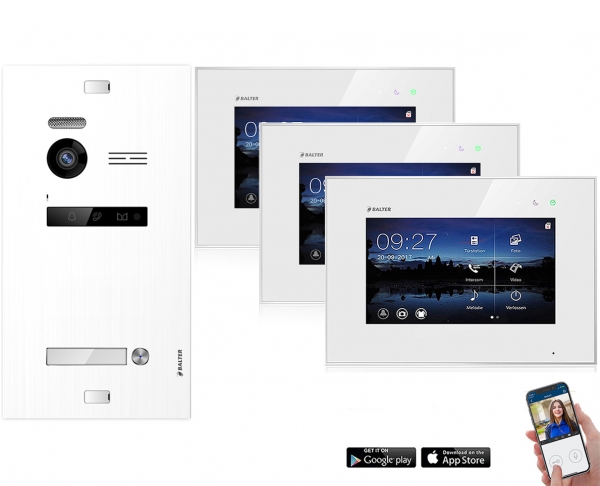 WLAN Video Sprechanlage BALTER EVO 2-Draht BUS für 1-Familienhaus mit 3x Touchscreen 7 Zoll Monitor in Weiß