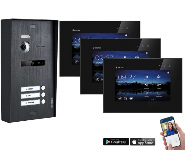 BALTER EVO 2-Draht BUS Komplettsystem mit Wifi , Aufputz Türstation für ein 3-Familienhaus mit 3 Monitoren - Farbe Schwarz