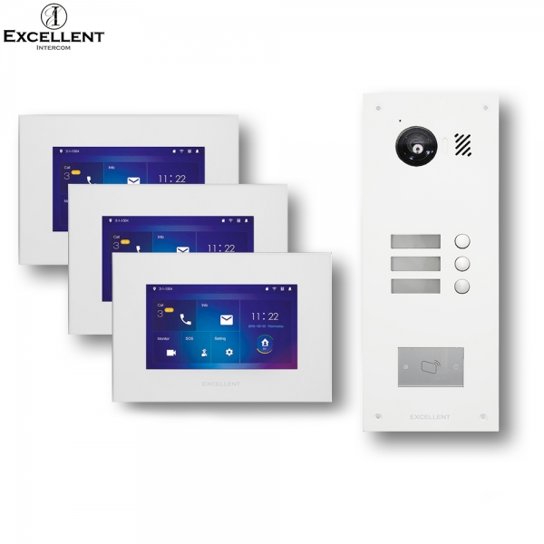IP Video Türsprechanlage mit 7" LCD Innenstation, Unterputz-Außenstation mit 150° Bildwinkel und IP-Modul für Dreifamilienhaus mit RFID in weiß