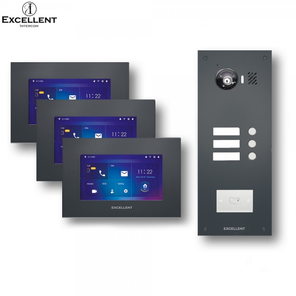 IP Video Türsprechanlage mit 7" LCD Innenstation, Unterputz-Außenstation mit 150° Bildwinkel und IP-Modul für Dreifamilienhaus mit RFID in Antrahzit