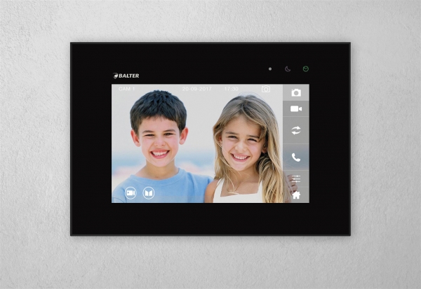 BALTER EVO Aufputz Video Türsprechanlage 2-Draht BUS für 1-Familienhaus mit 7" Touchscreen Monitor in schwarz und Hauptstromverteiler