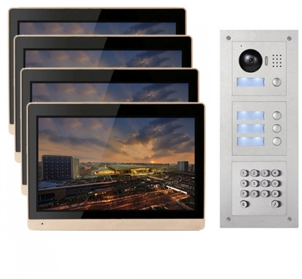 IP Türsprechanlage für 4-Familienhaus mit 4x10" LCD und Unterputz-Außenstation mit Code-Funktion-4IPSET1014C
