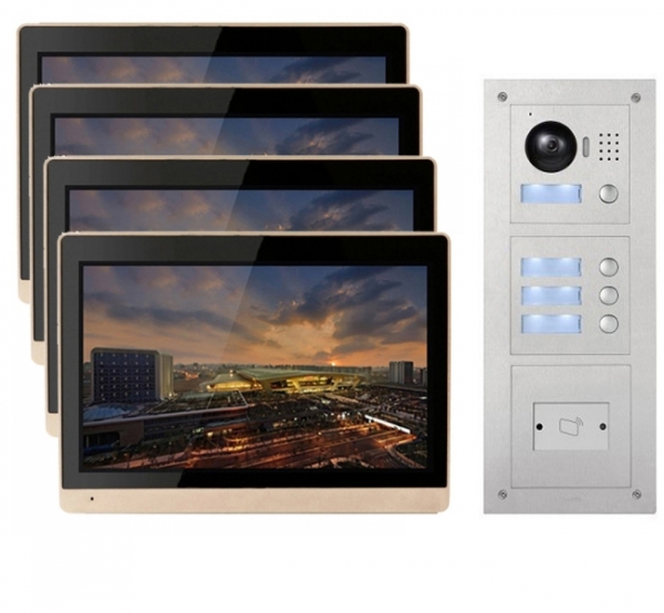 IP Türsprechanlage mit 4x10" LCD für 4-Familienhaus und Unterputz RFID-Außenstation-4IPSET1014R