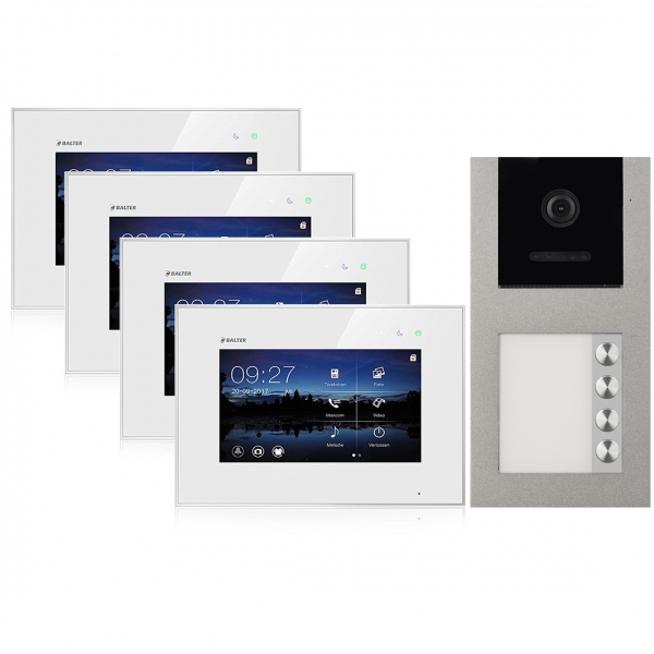 BALTER EVO Aufputz Video Türsprechanlage 2-Draht BUS für 4-Familienhaus  4 x 7" Touchscreen Monitor und Hauptstromverteiler