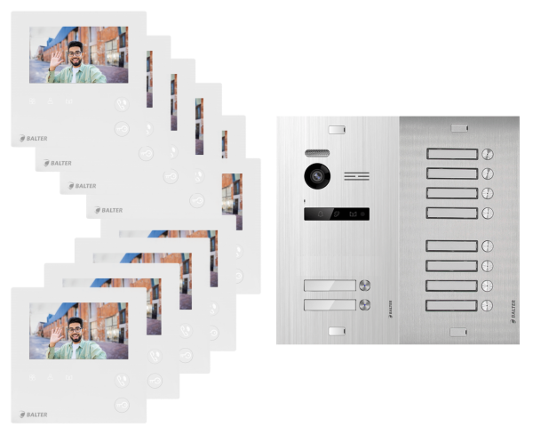 Video Türsprechanlage BALTER EVO MINI für 10 Familienhaus mit 10x 4,3 Zoll Monitor 2-Draht BUS Türstation