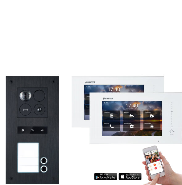 Video Türsprechanlage mit Smartphone App für 2 Familienhaus mit Bewegungsmelder, 2x Monitore, Balter ERA WLAN